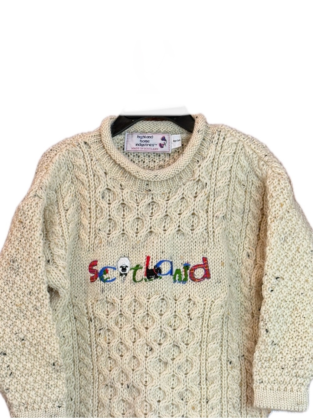 Vtg Highland Home Industries Kids Wool Sweater Scotland Cable Knit Sheep Sz 3-4